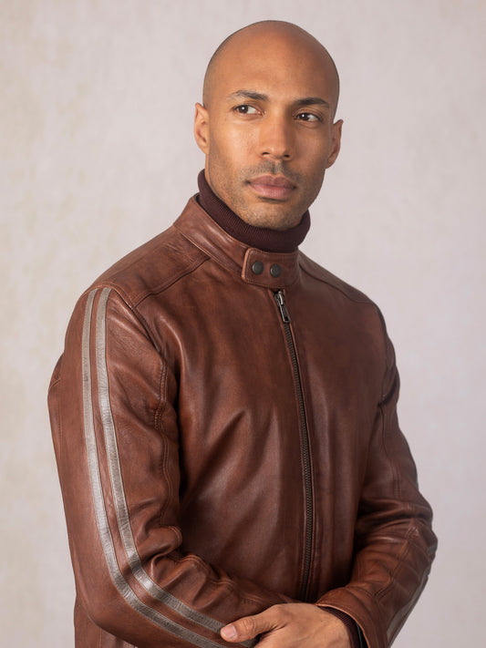 Morton Contrast Stripe Leather Biker Jacket