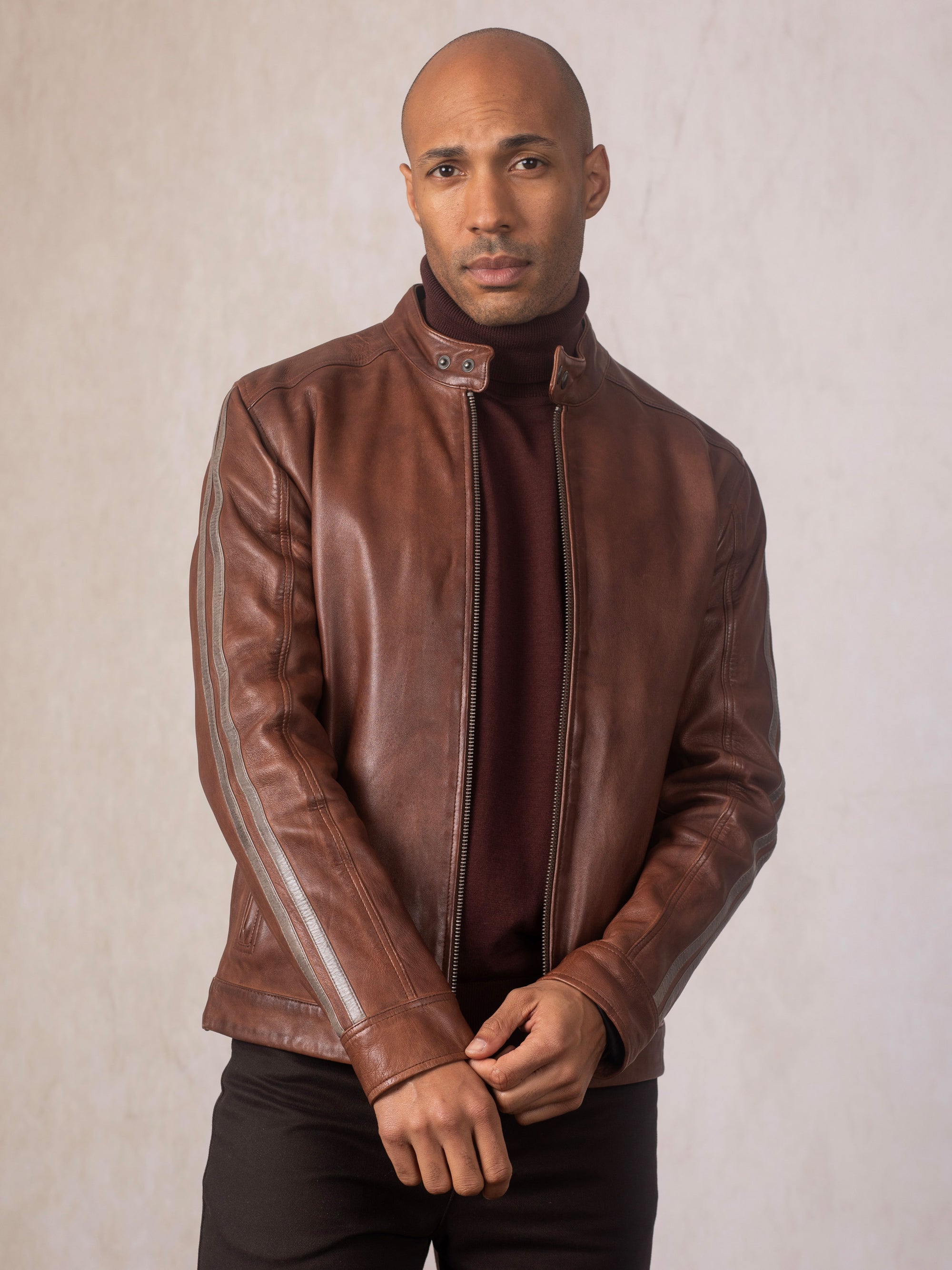 Morton Contrast Stripe Leather Biker Jacket