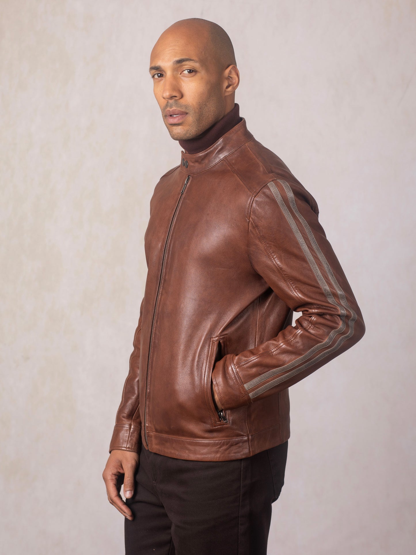 Morton Contrast Stripe Leather Biker Jacket