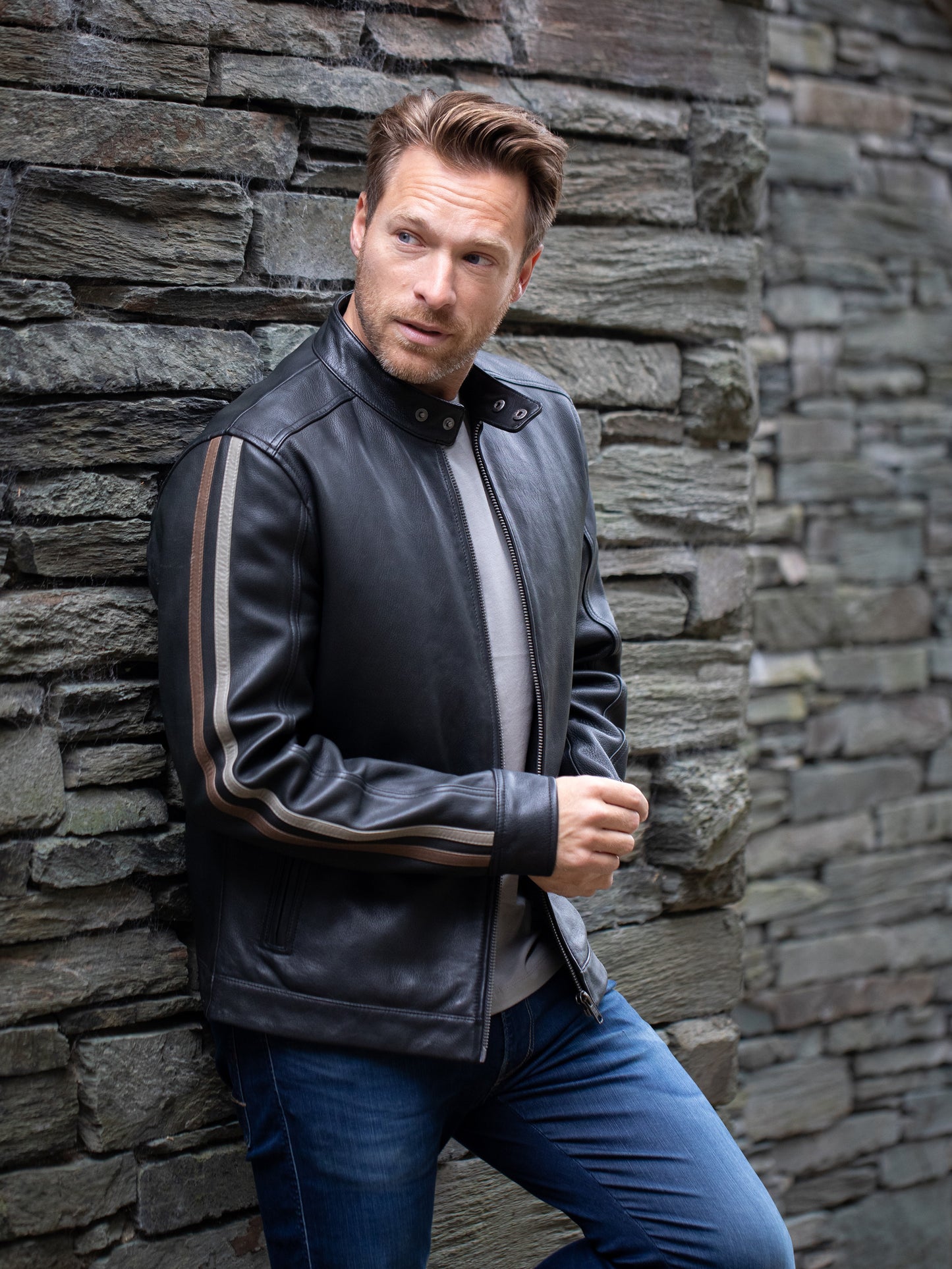 Morton Contrast Stripe Leather Biker Jacket