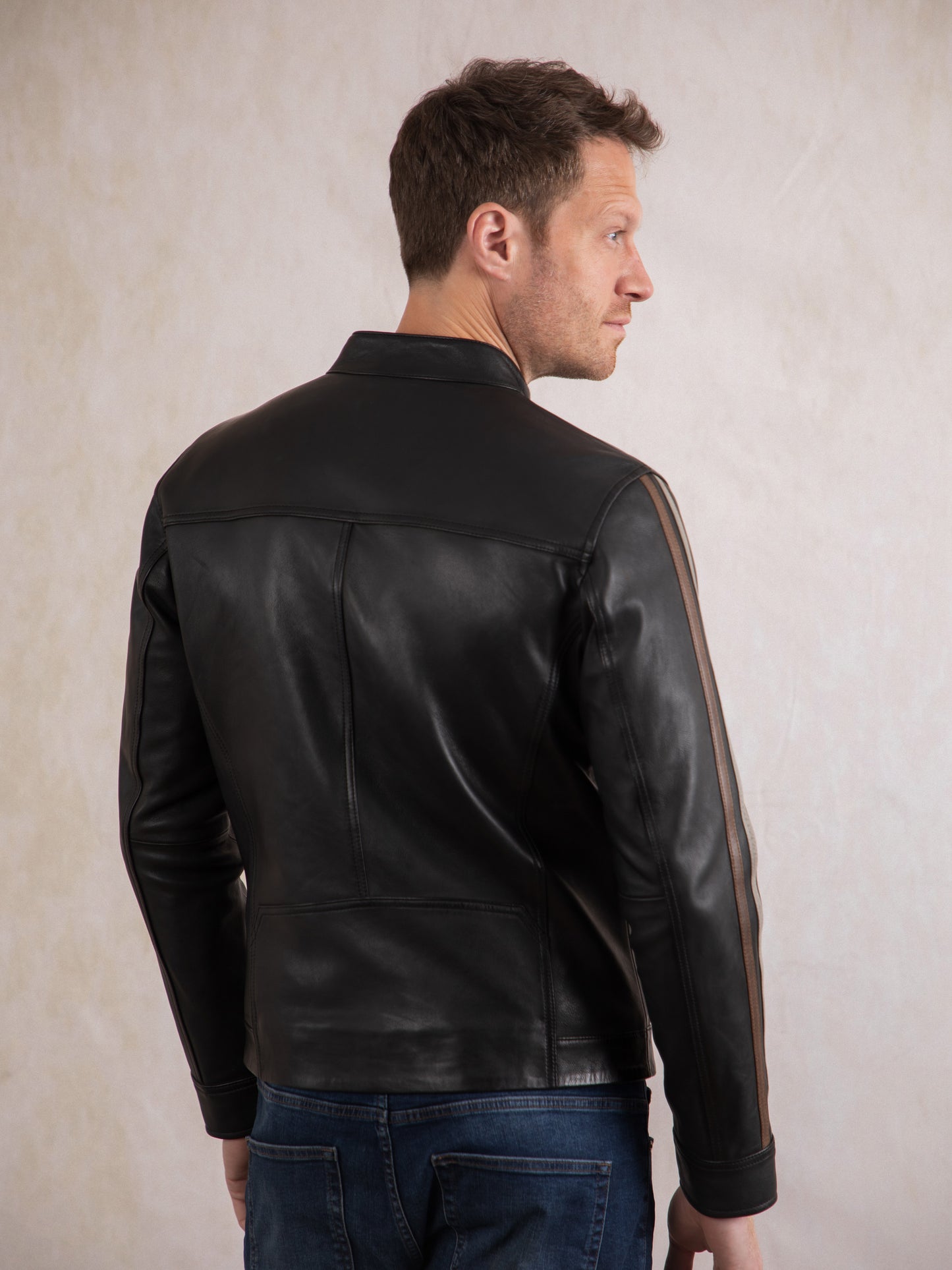 Morton Contrast Stripe Leather Biker Jacket